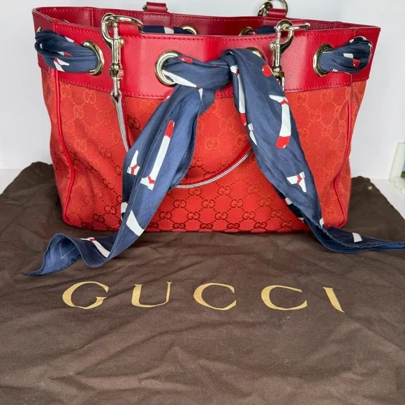 Gucci Vintage Red GG Canvas Tote with Silk Scarf Handles - Picture 9 of 9